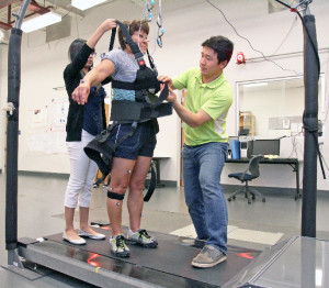 As part of the whole-body vibration study, Carmen Sandoval walks on a special treadmill, which simulates slipping by suddenly changing the moving direction of the belt. Participants are strapped into a harness to prevent injury. Photo by J.R. Hernandez / UTEP News Service